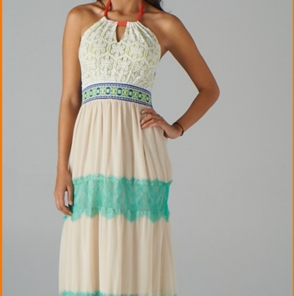 Flying Tomato Cream Maxi Dress with Teal Lace Bands and Embroidered Waist